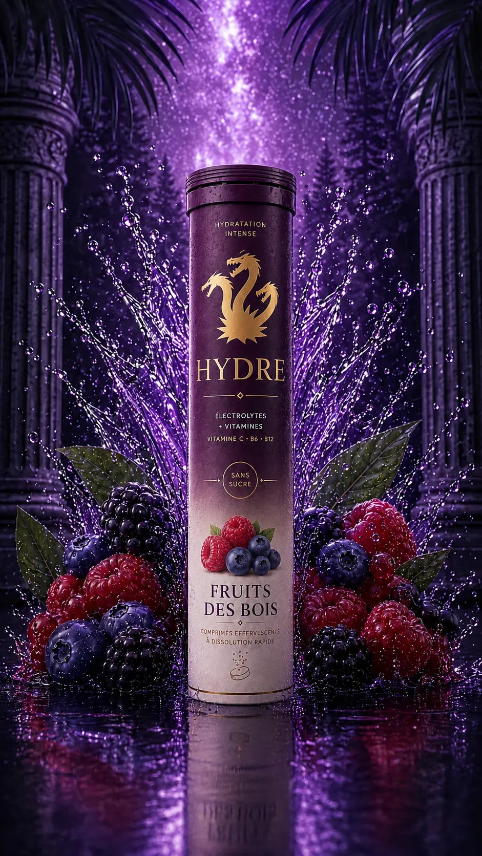 Tube de pastilles électrolytes Hydre Fruits des bois dans un décor de baies