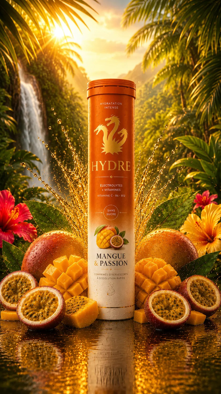 Tube de pastilles électrolytes Hydre Passion Mangue dans un décor tropical