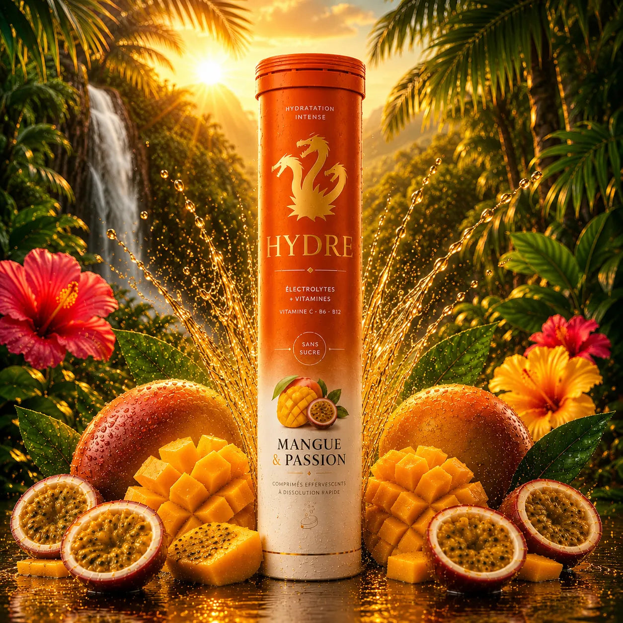 Tube Hydre Passion Mangue entouré de mangues et fruits de la passion dans un décor tropical